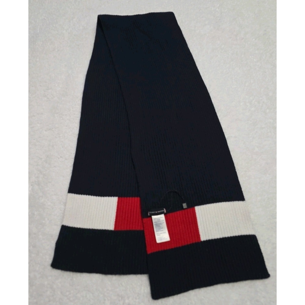 Tommy Hilfiger Flag Logo Ribbed-Knit Scarf Navy 100% Cotton Preppy